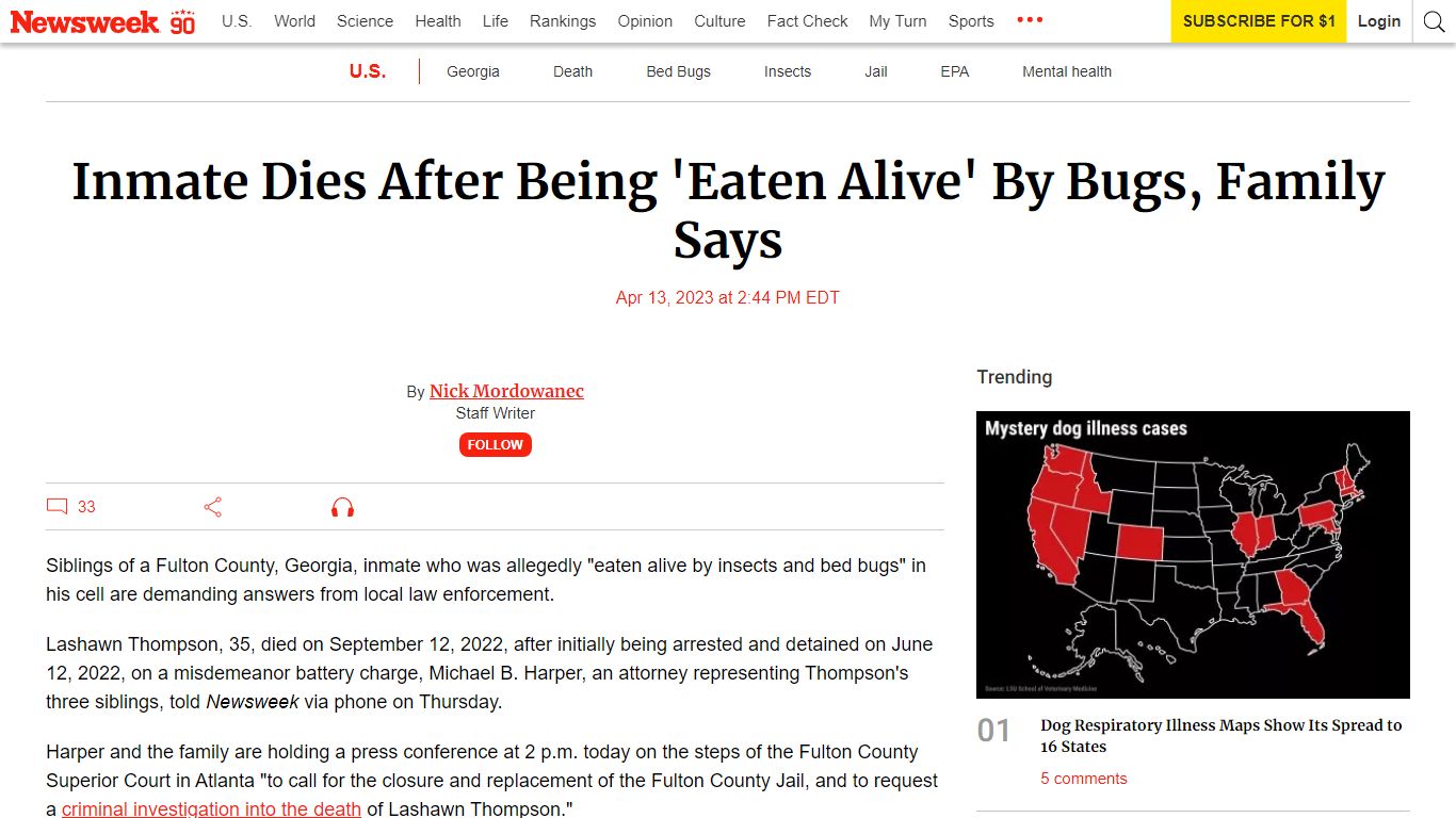Inmate Dies After Being 'Eaten Alive' By Bugs, Family Says - Newsweek